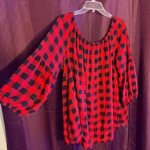 Southern Style Red and Black Plaid Women's Top with puffy sleeves.